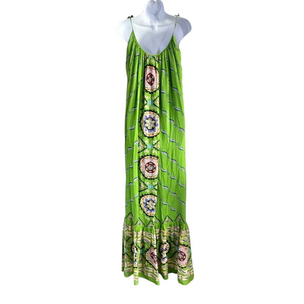 Saloni Edie Emerald Green Halo Print Tassel Tie Shoulder Silk Maxi Dress 0 NWT - Picture 7 of 13